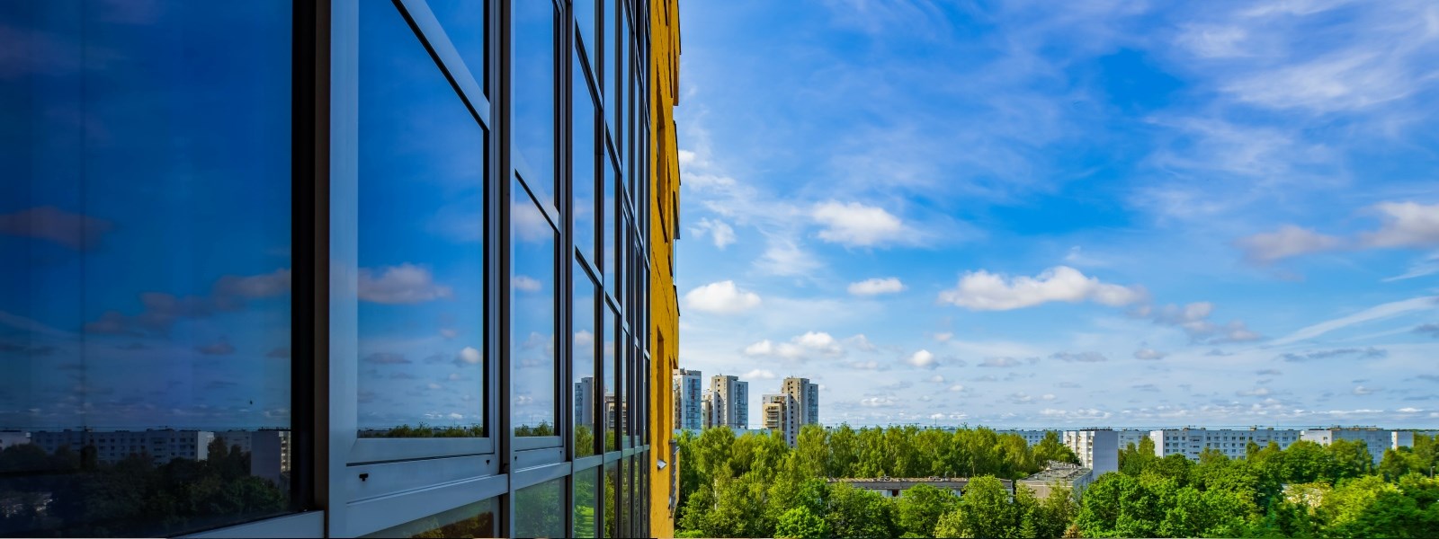 Windows on a tall building with blue sky on the horizon